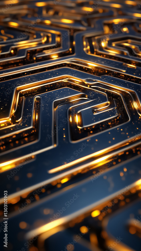 Poster an intricate labyrinth unfolds with shimmering glowing edges and mysterious deep shadows. the design