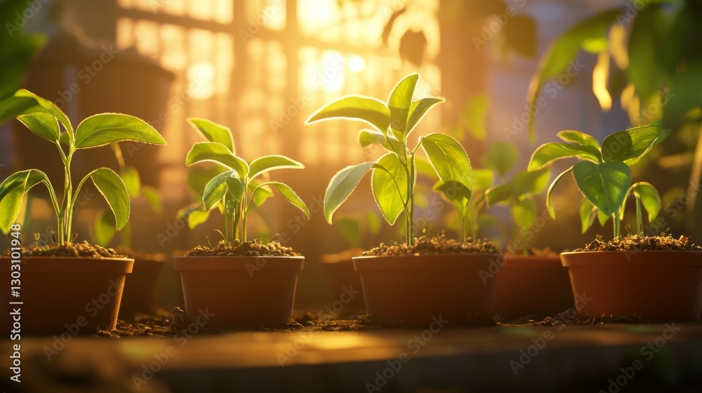 Poster a time-lapse-inspired scene of seedlings growing under the changing light of the day, representing t