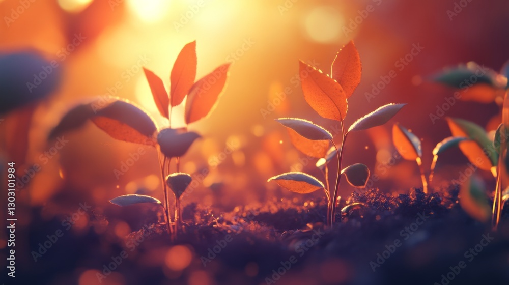 Poster a time-lapse-inspired scene of seedlings growing under the changing light of the day, representing t