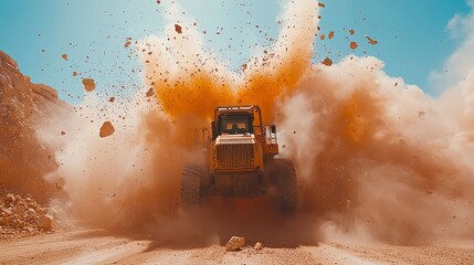 Blaster Managing Controlled Explosions, safely demolishing rock formations in a quarry, showcasing precision and expertise in explosive handling and rock removal techniques