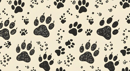 Fototapeta premium seamless pattern design of puppy paw prints, Trace black doodle paw prints seamless pattern background. 