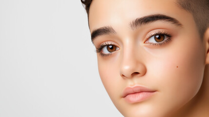 Fototapeta premium Close up of young Latin man with shaved head, showcasing smooth skin and expressive eyes. image captures serene and thoughtful expression, highlighting youthful features