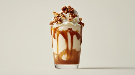 4K ultra-realistic shot of a maple pecan milkshake, thick caramelized swirl, pecan garnish, ultra-sharp clarity.