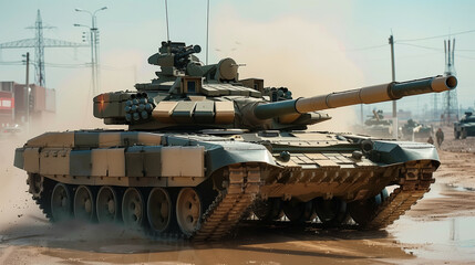 A modern military tank equipped with a long barrel cannon and advanced armor navigating through a dusty urban environment