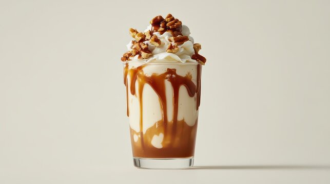 4K ultra-realistic shot of a maple pecan milkshake, thick caramelized swirl, pecan garnish, ultra-sharp clarity.