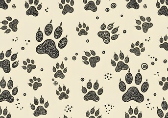Fototapeta premium seamless pattern design of puppy paw prints, Trace black doodle paw prints seamless pattern background. 