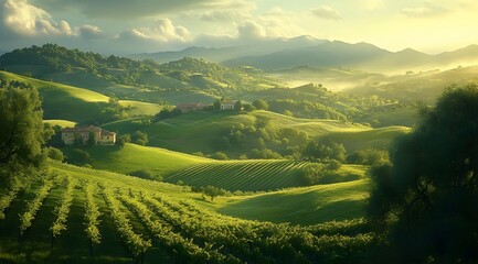 Obraz premium Panoramic View of Light and Shadow Dancing Across Rolling Hills of Vineyards