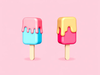 two melting ice pops in pink and blue with yellow topping