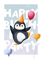 Illustration of a birthday-themed greeting card featuring a lovely, joyful penguin and colorful air balloons on a soft blue gradient background, vector celebration poster
