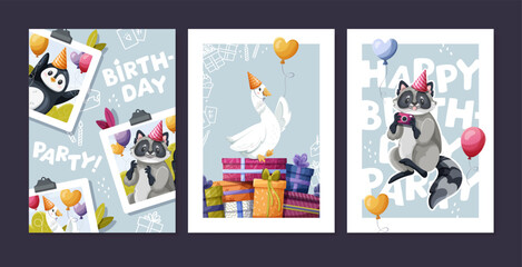 Set of birthday greeting cards featuring animals, gifts, and air balloons, with a colorful cute penguin, goose, and raccoon, vector illustration on a dark background © ALINA KRUSS