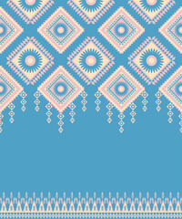 Blue Navajo design with sharp geometric lines. and has bright colors, rivers, and the animals that surround them. For t-shirts, pants, rugs