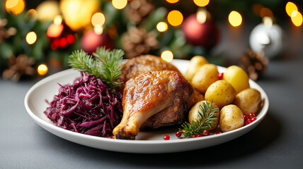 Delicious deep fried duck leg served with red cabbage and baby potatoes, garnished with festive greenery, perfect for holiday celebrations
