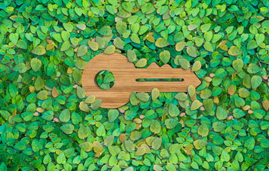 Key to Sustainability: Wooden Key Symbol on Green Leaf Background