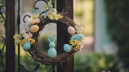 Colorful Easter eggs and bunny decor on a festive spring wreath for holiday celebration