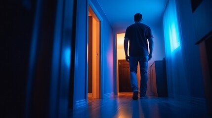 Man Walking Hallway Neon Light