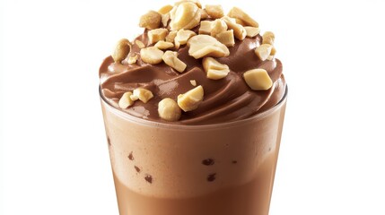 Close-up of a rich chocolate peanut butter milkshake with ultra-detailed textures, peanut pieces on top, and a white background.