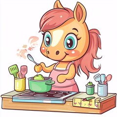 Cute Cartoon Horse Cooking in Kitchen with Colorful Utensils on White Background