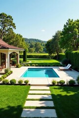 Serene Backyard Oasis Luxurious Poolside Escape with Pristine Landscaping and Tranquil Views