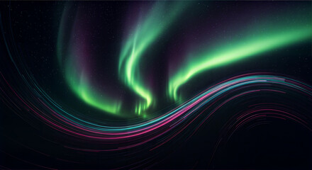 Experience the mesmerizing beauty of vibrant auroras dancing across the night sky, with flowing waves of light in hues of green, blue, and purple.