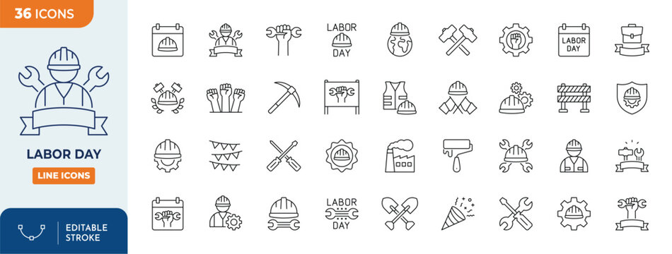 Labor day line editable icon set. Labor day icon set. Vector illustration. Editable stroke.