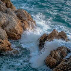 Fototapeta premium Waves crashing on a rocky shoreline, showcasing nature's raw power. #ocean