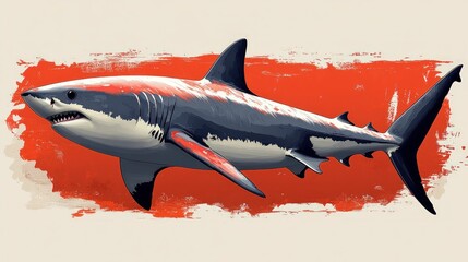 Naklejka premium Powerful shark swims, vibrant red backdrop