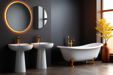 Modern bathroom design featuring elegant fixtures, freestanding bathtub, and stylish mirrors. dark gray walls and golden accents create luxurious atmosphere