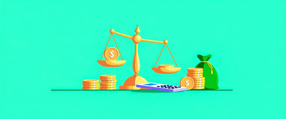 golden scale balancing coins and money bag symbolizing financial equilibrium
