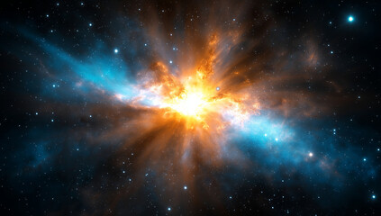 stunning nebula explosion in deep space, showcasing vibrant blue and orange hues radiating from central point, surrounded by countless stars