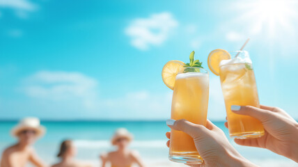 Obraz premium Cheers to sunny beach day with refreshing drinks in hand, surrounded by friends enjoying warm weather and beautiful ocean view