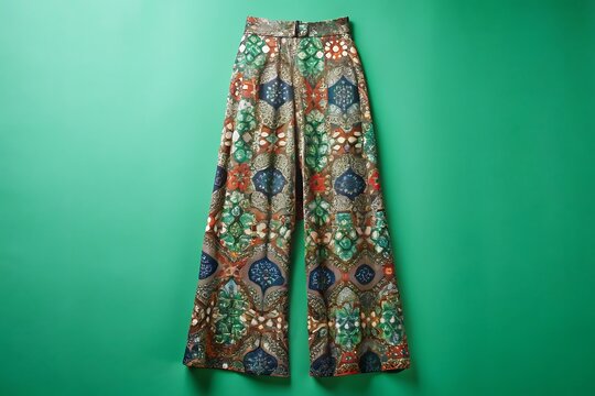 patterned palazzo pants, solid green background