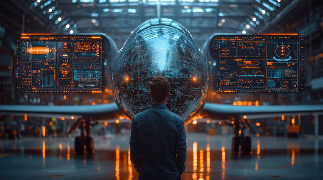 Aviation engineer analyzing digital schematics of an aircraft, refining AI-assisted avionics systems, ensuring high-precision flight safety