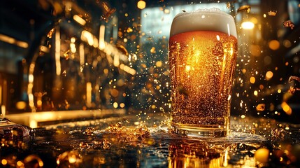 Obraz premium Shiny wet big glasses full of golden, fresh beer with high foam on the bar table, the party is in full swing.