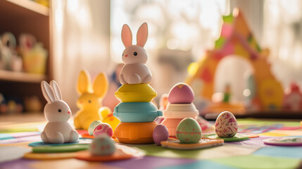 Colorful Easter bunny and decorated eggs for spring celebration and holiday festivities