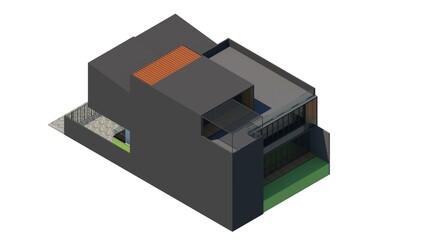 3D render of a modern house exterior. Wood and grey tones, geometric shapes, varied textures. Detailed architectural visualization, residential design, and digital rendering with a white background