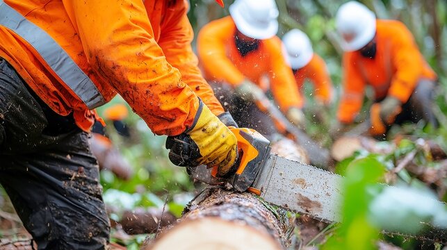 Logging Worker in Dense Forest, skilled professional felling trees with precision techniques, ensuring safety while managing timber extraction in a lush, vibrant woodland environment