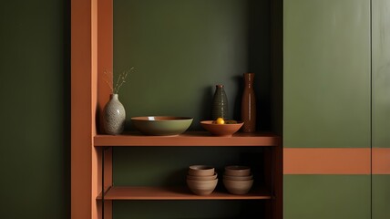Olive green and terracotta with sharp lines and clean finishes for a balanced, natural look