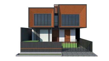 3D render of a modern house exterior. Wood and grey tones, geometric shapes, varied textures. Detailed architectural visualization, residential design, and digital rendering with a white background
