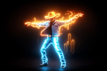 neon light cowboy dancing in dark, surrounded by glowing cacti, exuding energy and excitement. vibrant colors create lively atmosphere