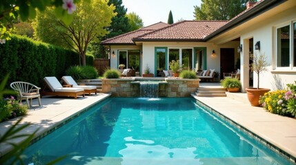 Fototapeta premium Tranquil Backyard Oasis Swimming Pool, Waterfall Feature, and Luxurious Lounge Chairs Adorn a Serene Residential Landscape