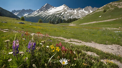 Alpine mountain landscape with snow-capped peaks, lush green meadows, flowers, trees, and a scenic view of the valley under a cloudy sky