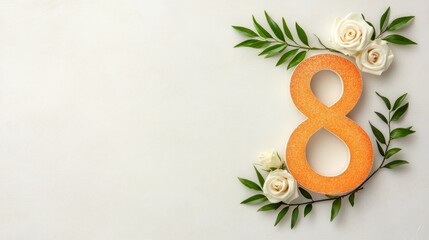 Celebratory decoration with an orange glitter number eight and white roses for a special event