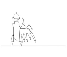 Continuous one line drawing of mosque. Single line drawing illustration of Islamic worship place. Ramadan kareem concept vector art. Doodle line illustration.