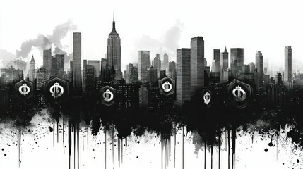 Fototapeta premium Monochromatic cityscape dripping finance abstract art