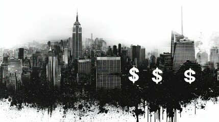 Obraz premium Urban skyline, monochrome, financial district, dollar signs.