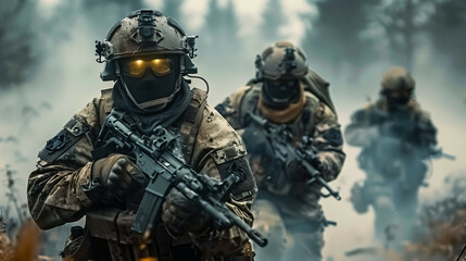Fototapeta premium A team of elite soldiers advancing through a foggy forest, fully equipped and ready for combat, displaying teamwork and tactical precision