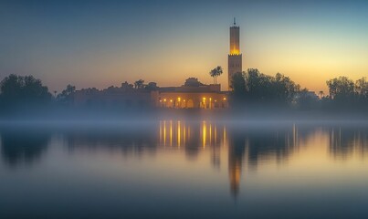 Fototapeta premium Mosque and lake reflection under the warm sunrise.