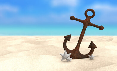 Rusty Anchor and Starfish Resting on Sandy Beach with Ocean View