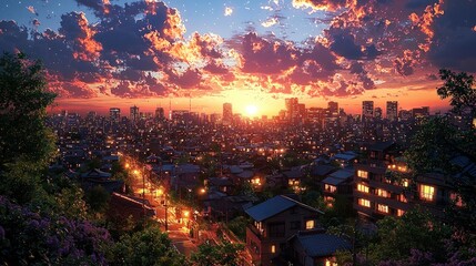 Fototapeta premium Vibrant sunset over cityscape with illuminated houses and buildings.