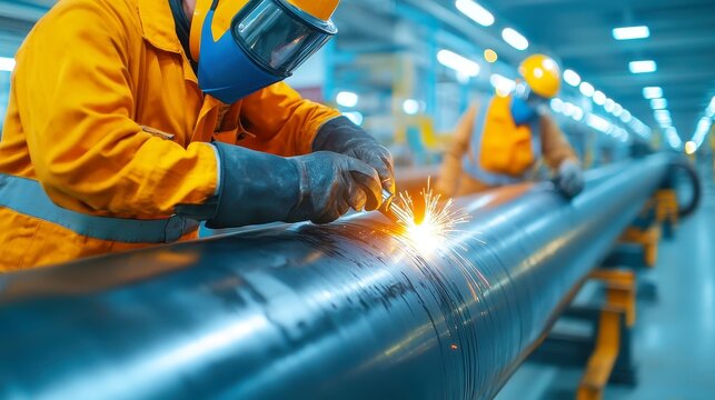 Pipeliner Welding Oil Pipes, skilled workers expertly joining massive pipelines, ensuring efficient resource transport, showcasing teamwork and precision in a dynamic industrial setting
